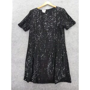 Stenay Plus Sequin Dress Women 16 Black Silk Short Sleeve Shift Rear Zipper